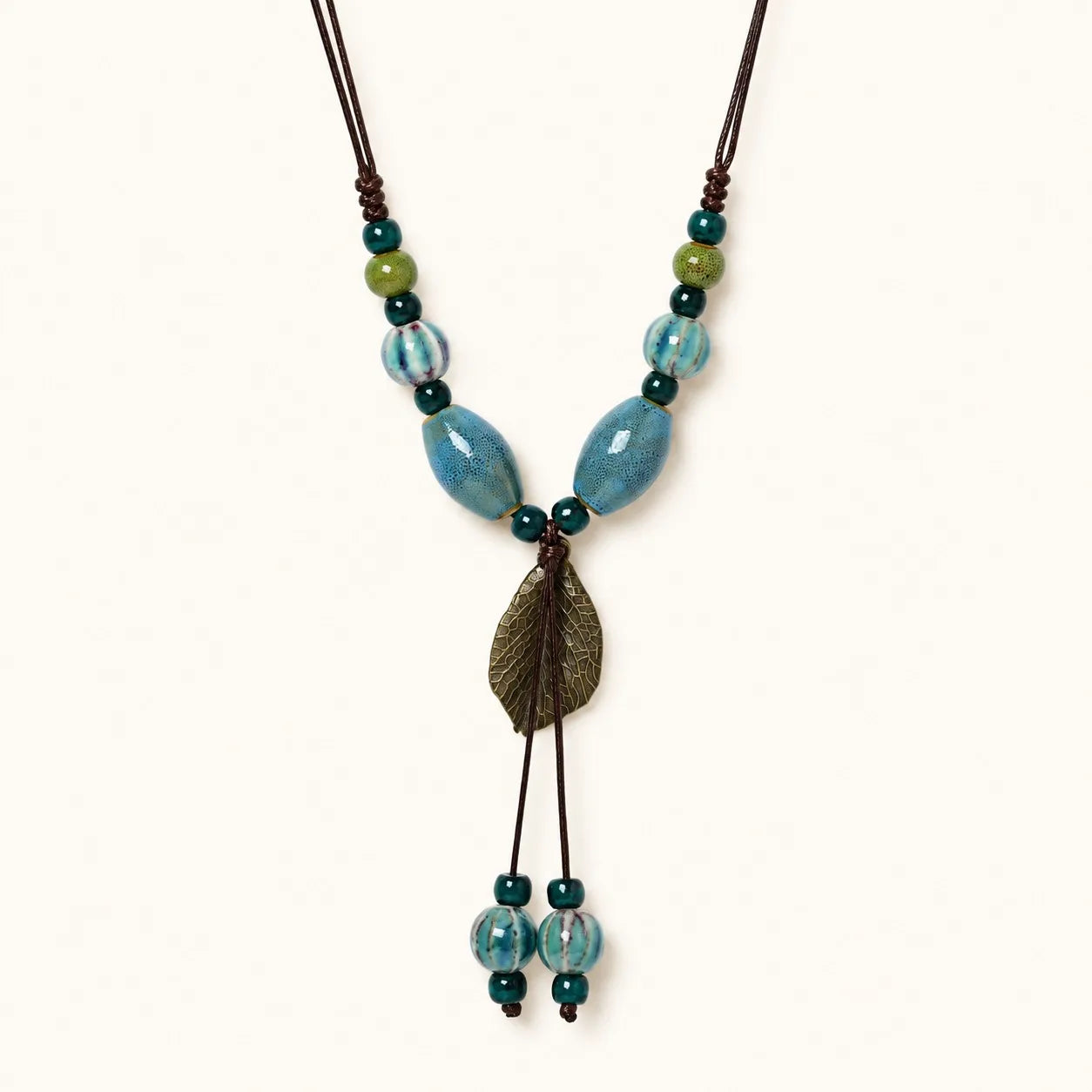 Handmade Ceramic Leaf Pendant Necklace – Adjustable Wax Cord Artisan Jewelry Gift