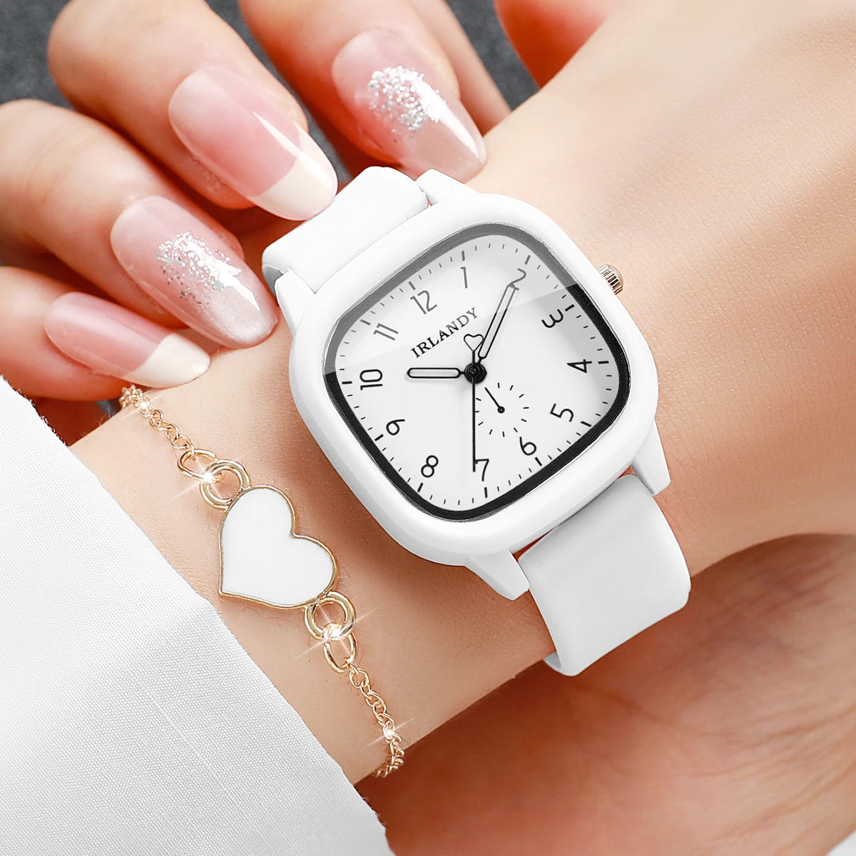 Fashion Arabic Dial Women's Quartz Watch & Heart Bracelet Set – 2PCS Square Silicone Wristwatch
