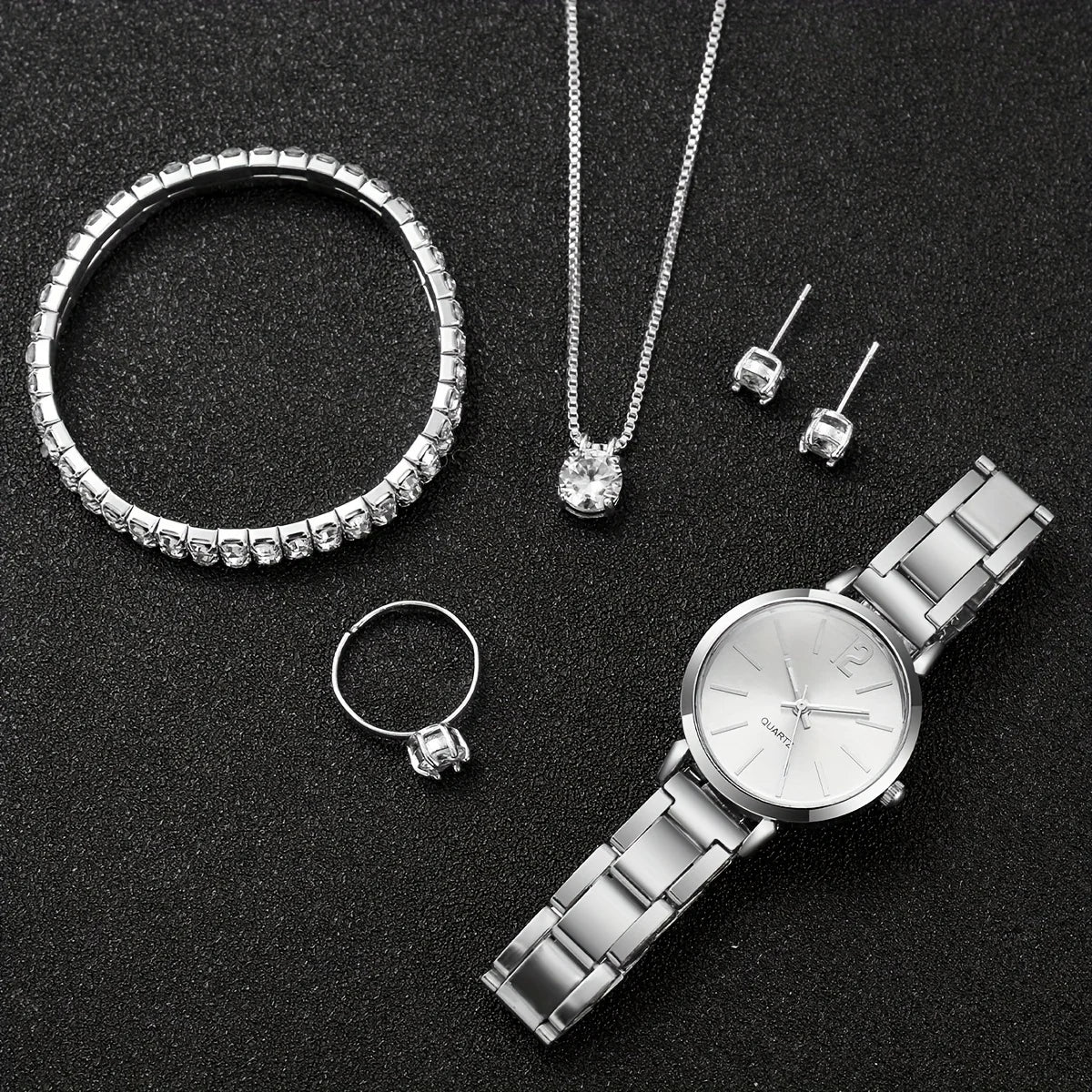 Women's Stainless Steel Quartz Watch & Diamond Jewelry Set – 6PCS Fashion Wristwatch