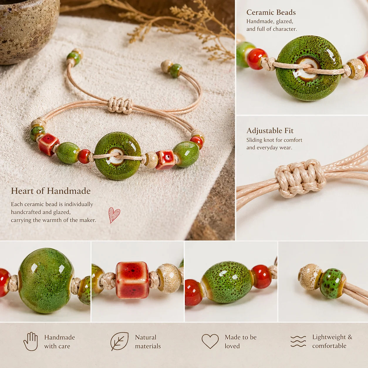Handmade Ceramic Heart Button Bracelet – Adjustable Braided Cord Boho Jewelry for Women
