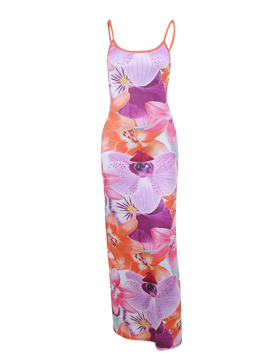 Floral Print Sleeveless Slips Slit Sexy Bodycon