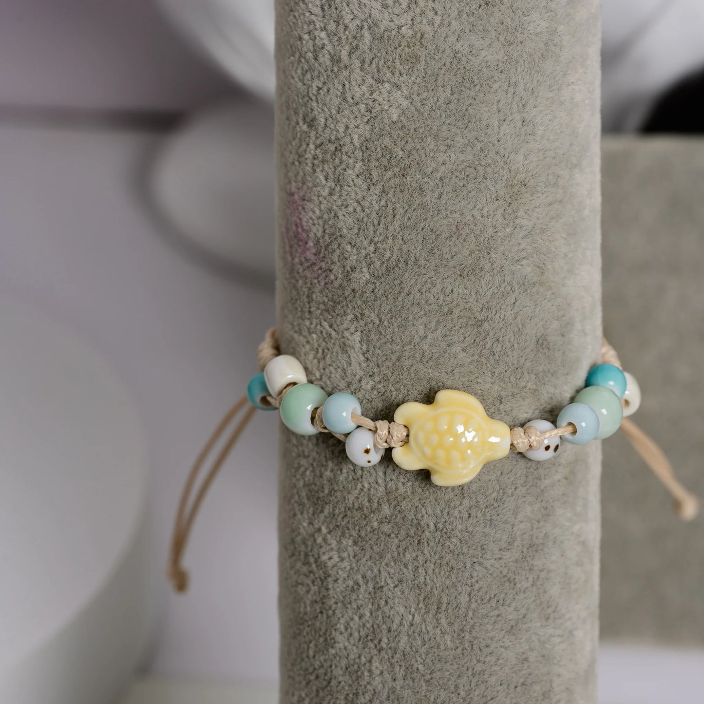 Handmade Ceramic Sea Turtle Bracelet – Adjustable Wax Cord Ocean Beach Jewelry for Women & Girls