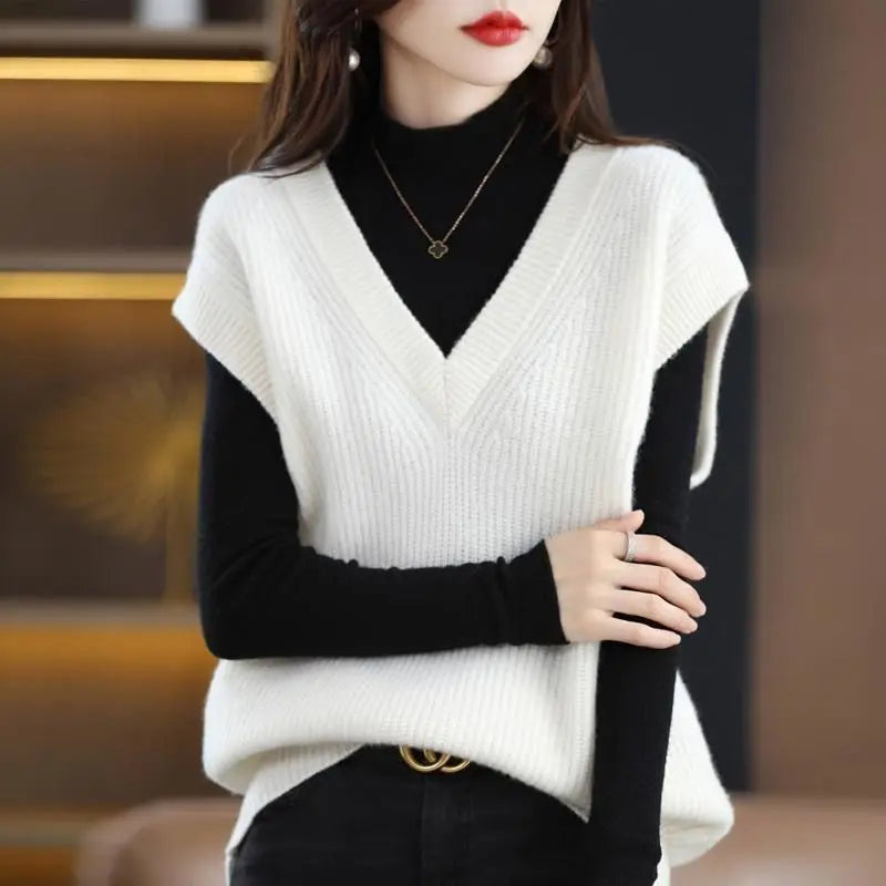 Autumn/Winter Women's V-Neck Knitted Vest - Loose Sleeveless Pullover
