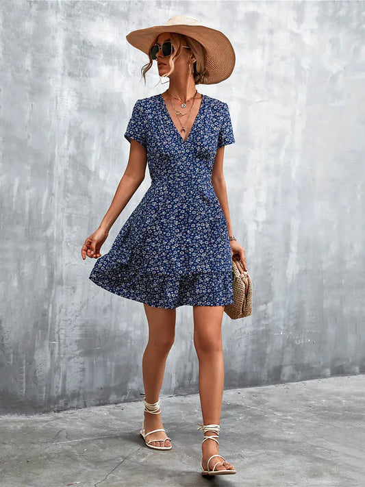 Boho Floral Print V-Neck Mini Dress