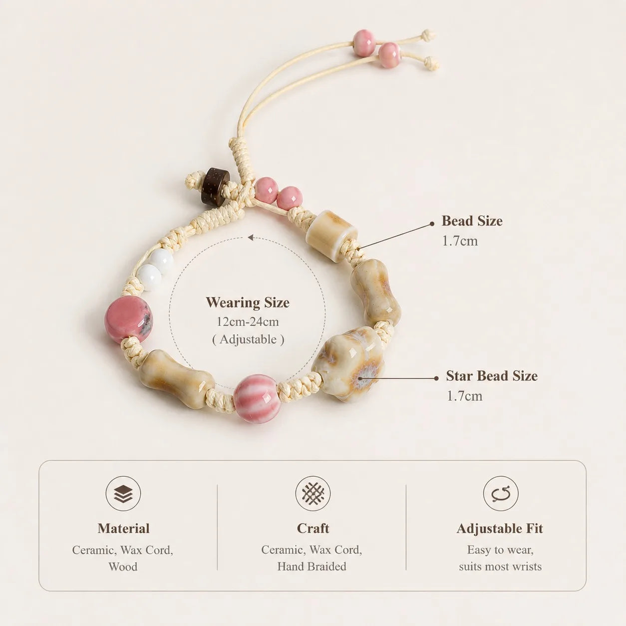 Handmade Ceramic Bone Bead & Star Charm Bracelet – Adjustable Wax Cord Artisan Jewelry