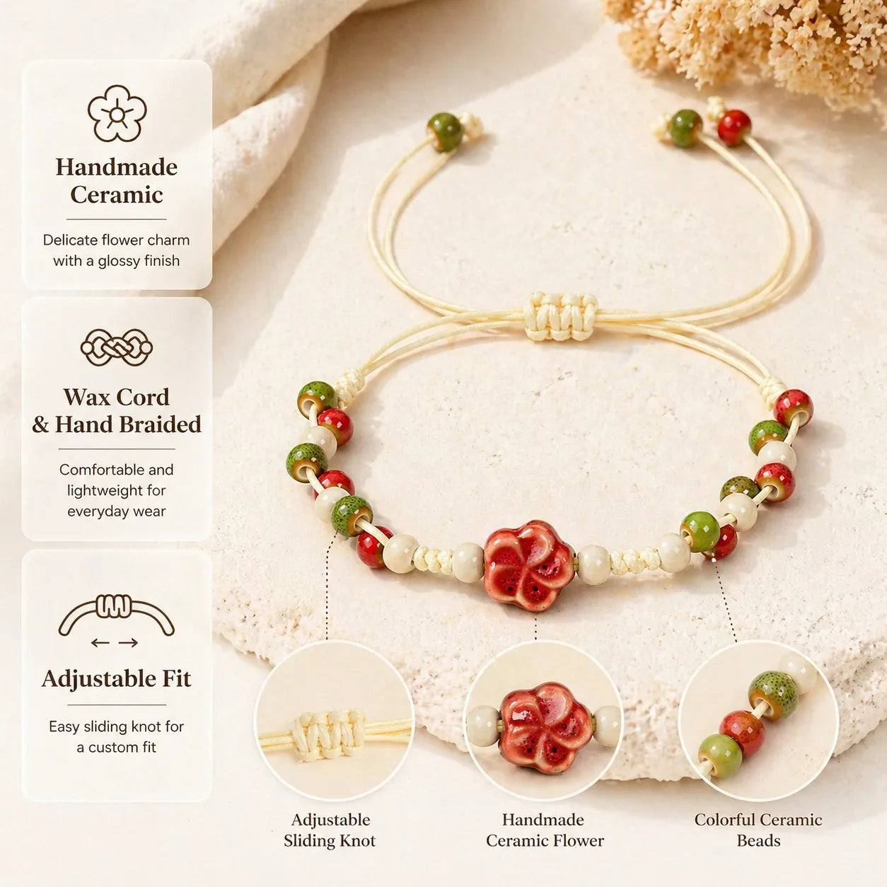 Handmade Ceramic Flower Bracelet – Adjustable Multicolor Beaded Wax Cord Jewelry Gift