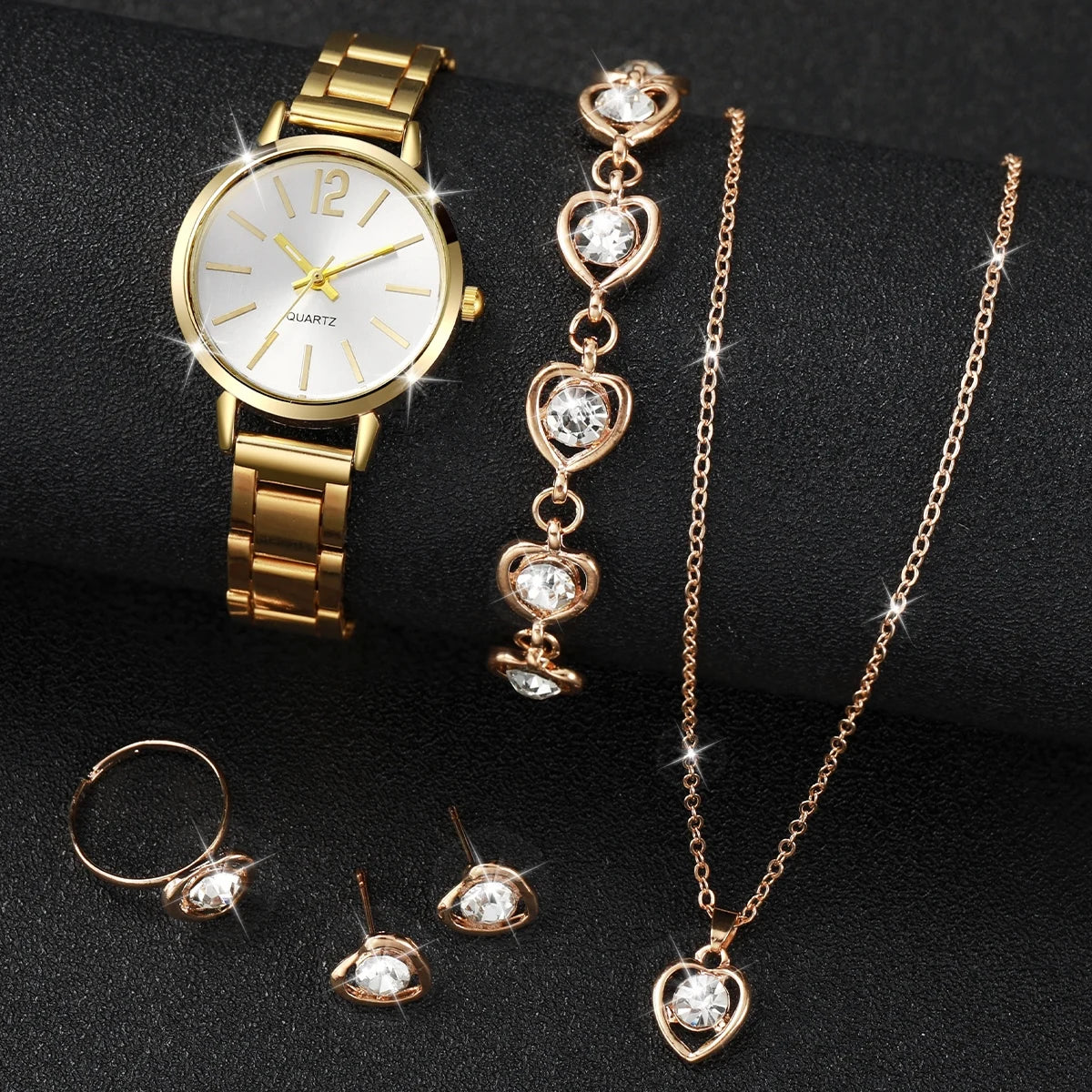Women's Stainless Steel Quartz Watch & Diamond Jewelry Set – 6PCS Fashion Wristwatch