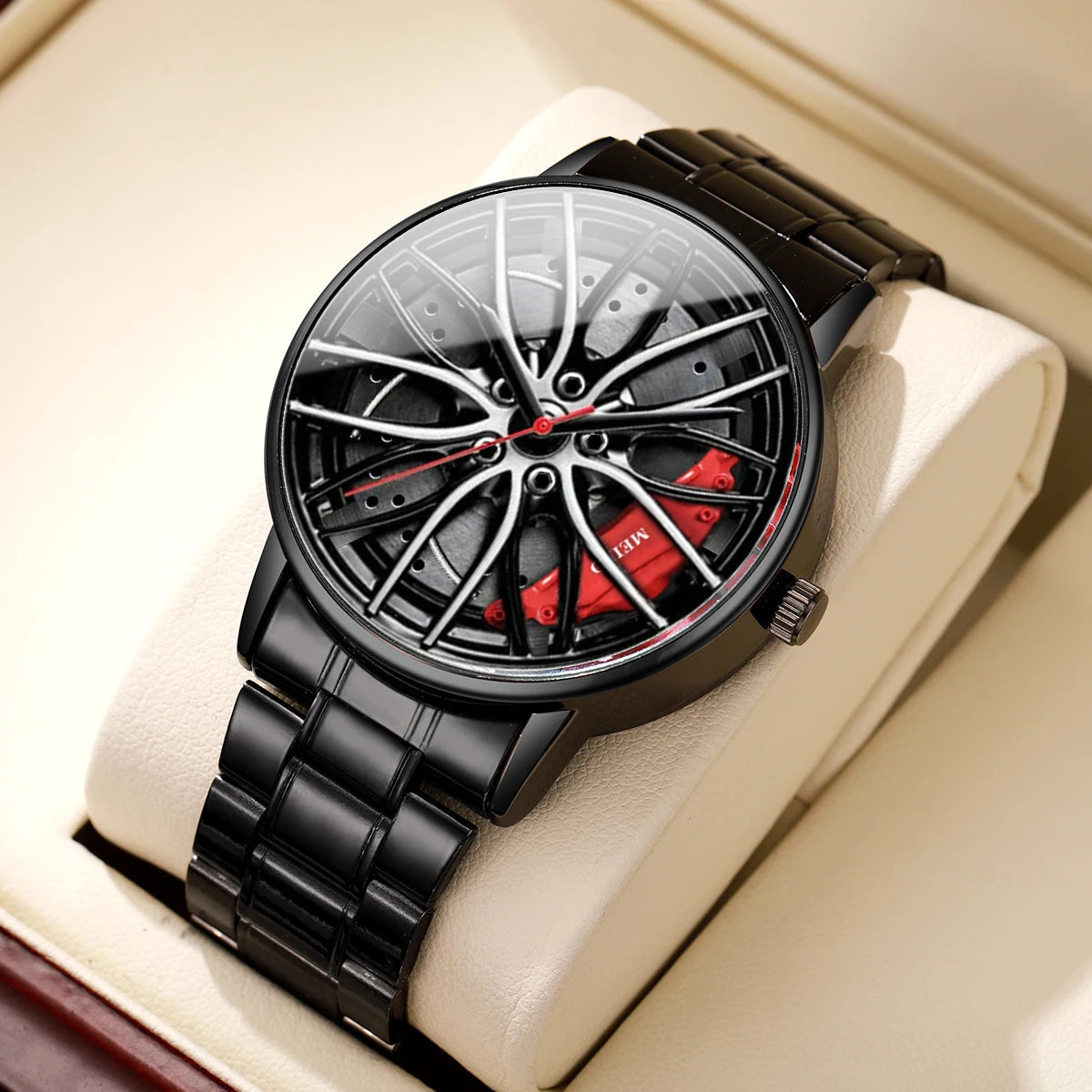 Men's Sports 3D Car Wheel Quartz Watch – Stainless Steel Band Wristwatch