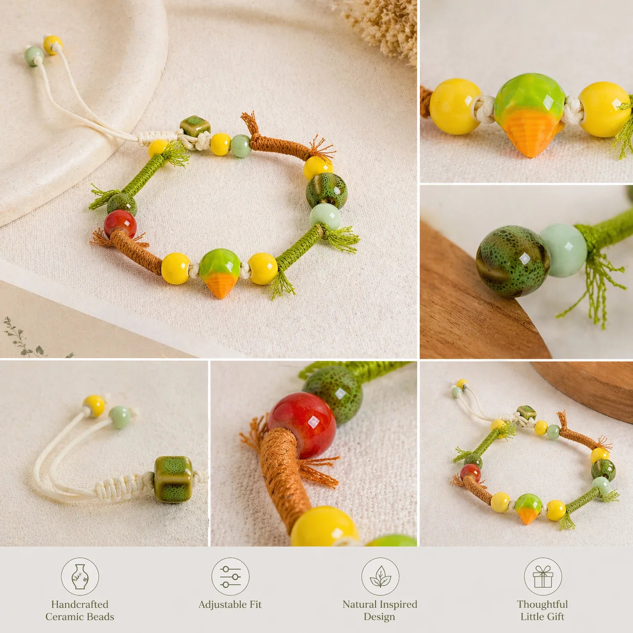 Handmade Ceramic Vegetable Bracelet – Corn & Carrot Braided Wax Cord Boho Jewelry for Women