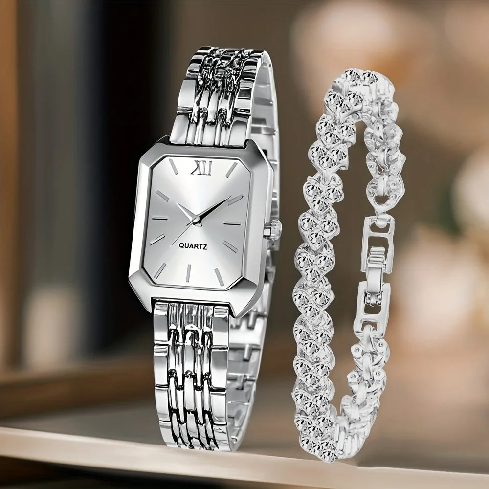 Fashion Rectangle Women's Quartz Watch & Rhinestone Bracelet Set – 2PCS Roma Dial Wristwatch
