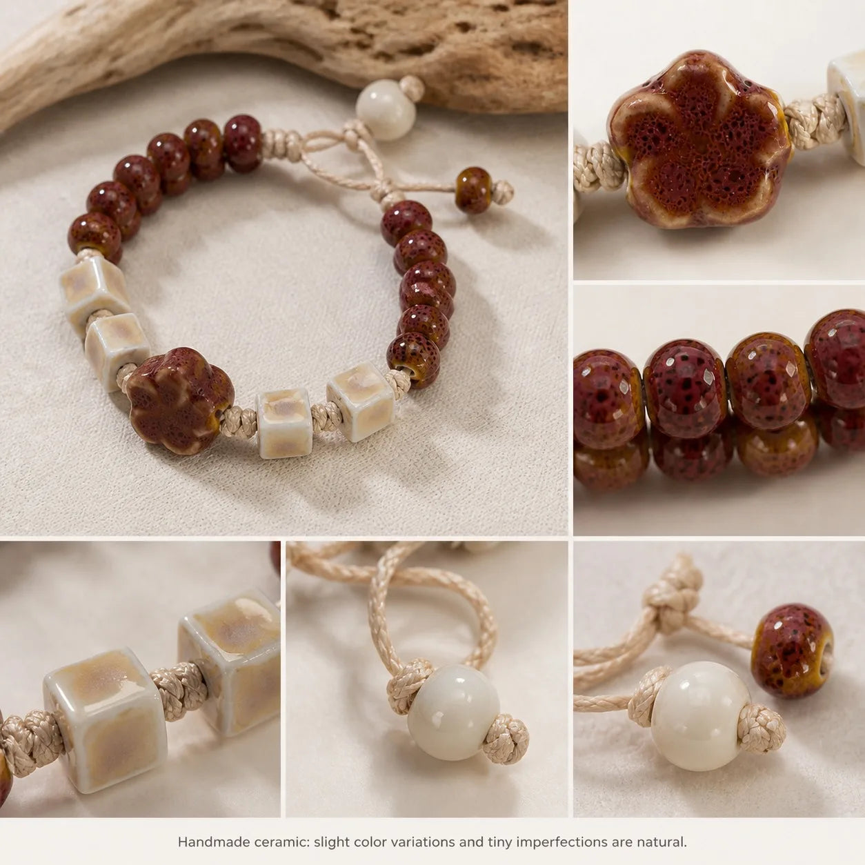 Handmade Ceramic Purple Flower Bead Bracelet – Glazed Charm Wax Cord Jewelry Gift