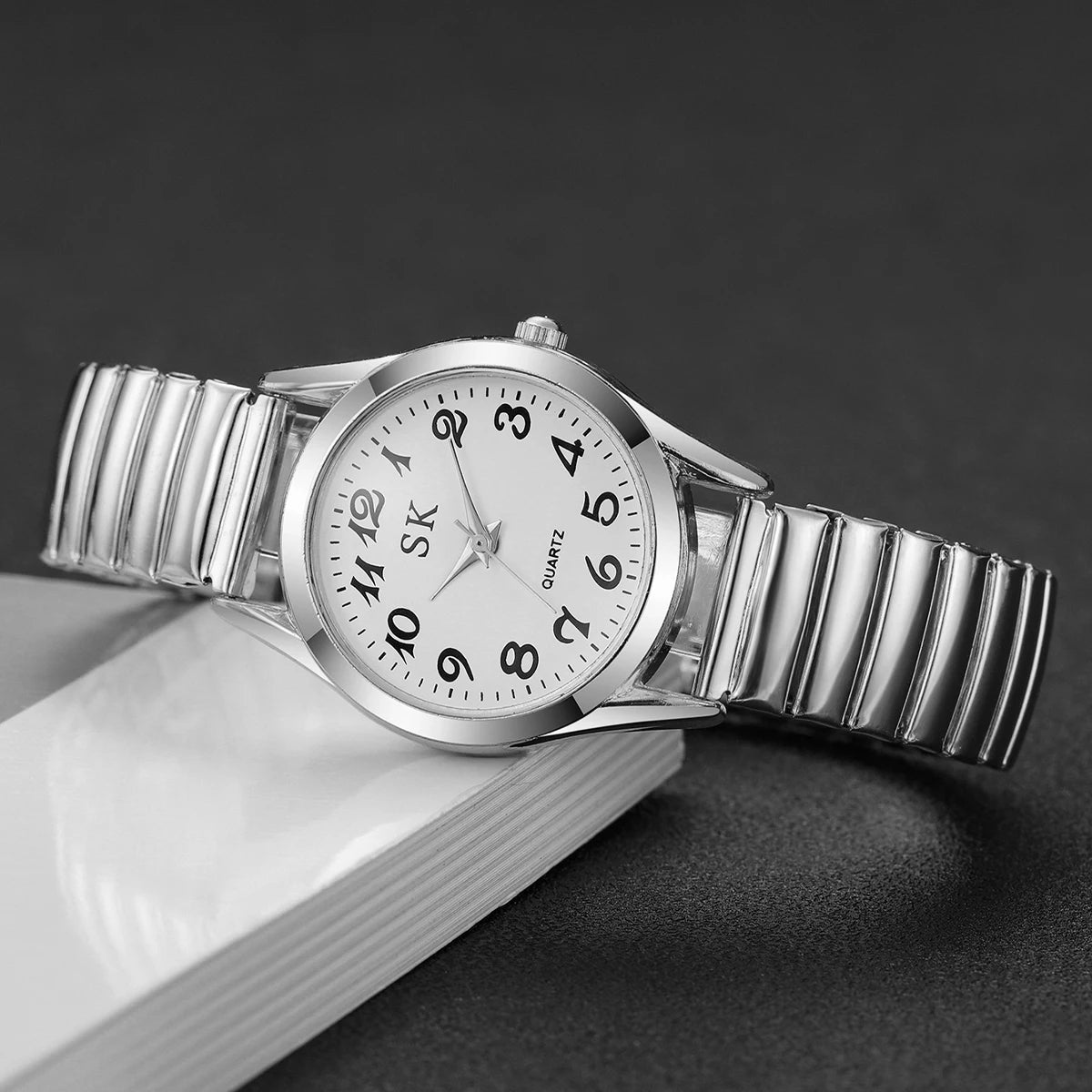 Elegant Elastic Strap Women's Quartz Watch – Small Arabic Dial Ladies Wristwatch Set