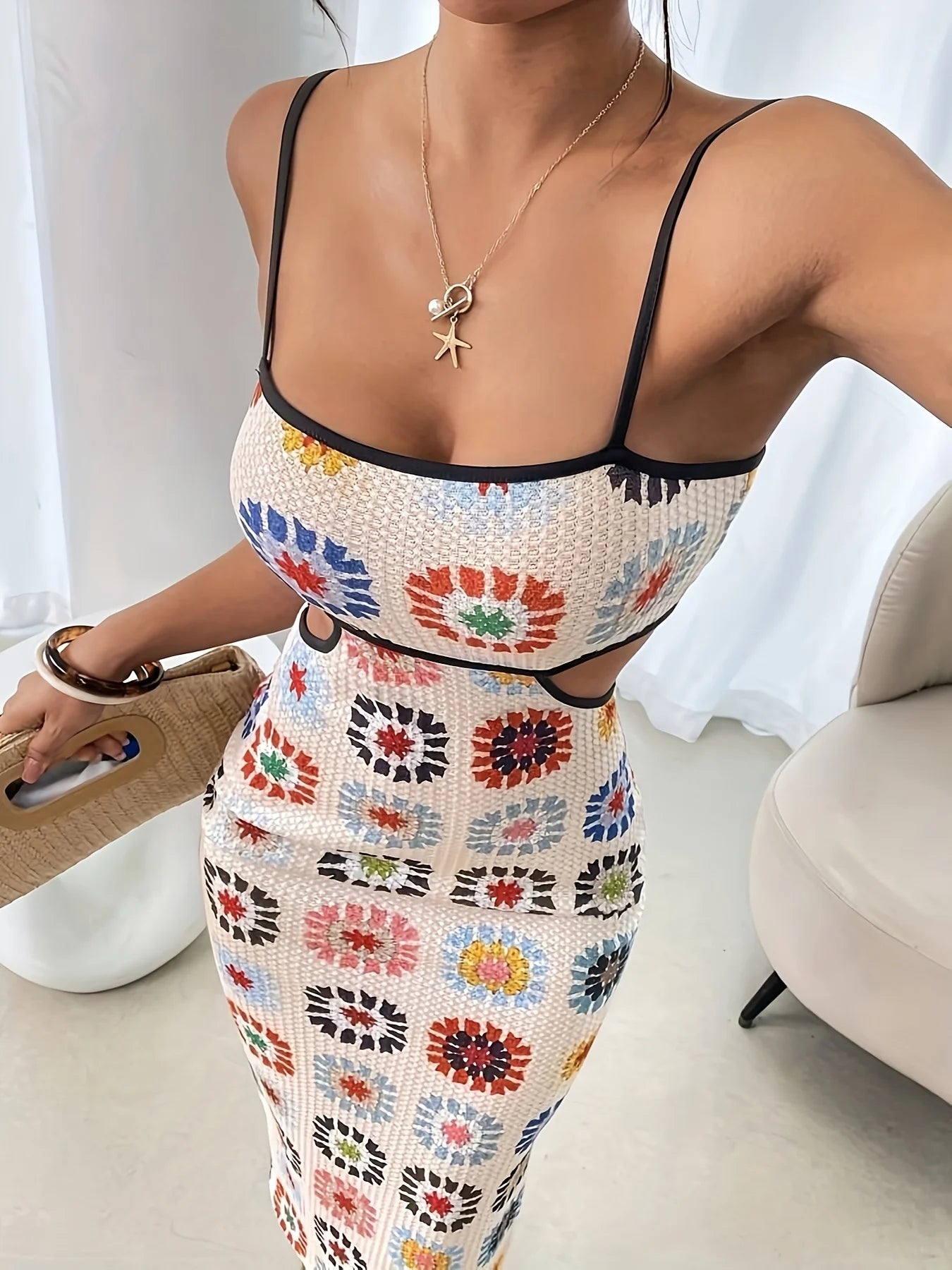 Women's Backless Floral Print Midi Dress - Sleeveless Bodycon Style