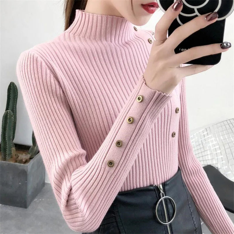 Women Autumn Knitted Slim Sweaters Solid Knitted Female Cotton Soft Elastic Color Pullovers Button Full Sleeve Turtleneck