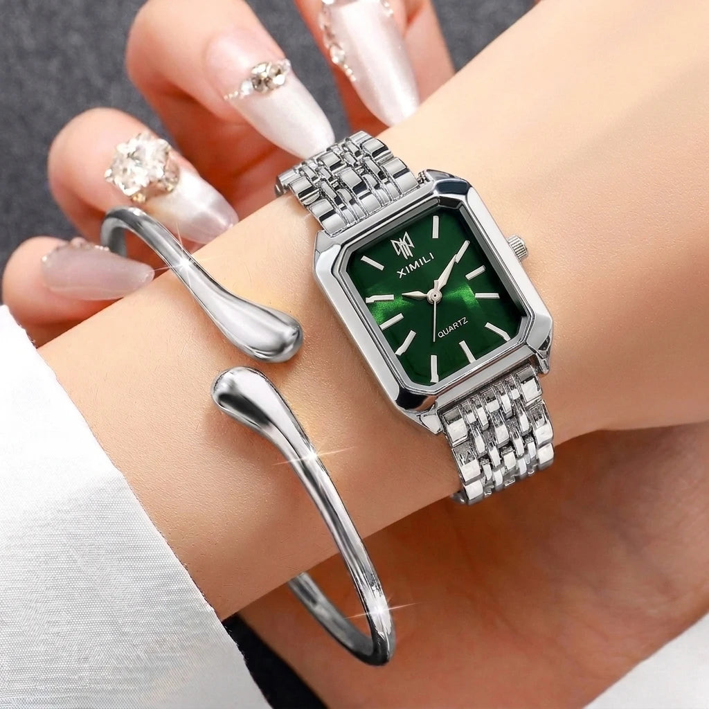 Fashion Rectangle Women's Quartz Watch & Jewelry Set – 6PCS Steel Band Wristwatch