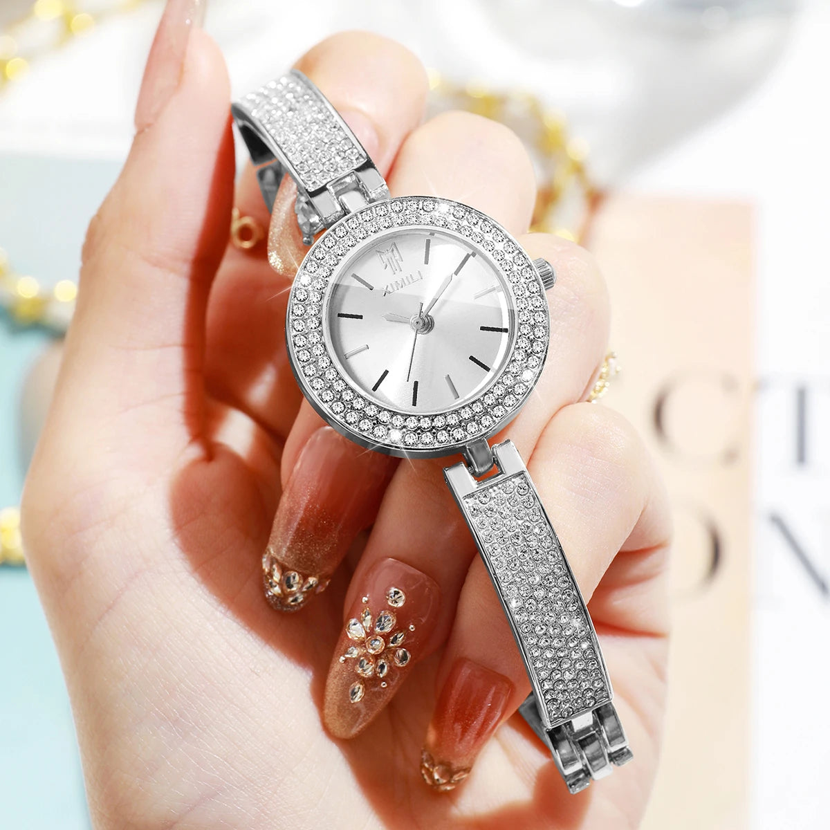 Luxury Rhinestone Bangle Women's Quartz Watch – Full Diamond Bezel Bracelet Wristwatch