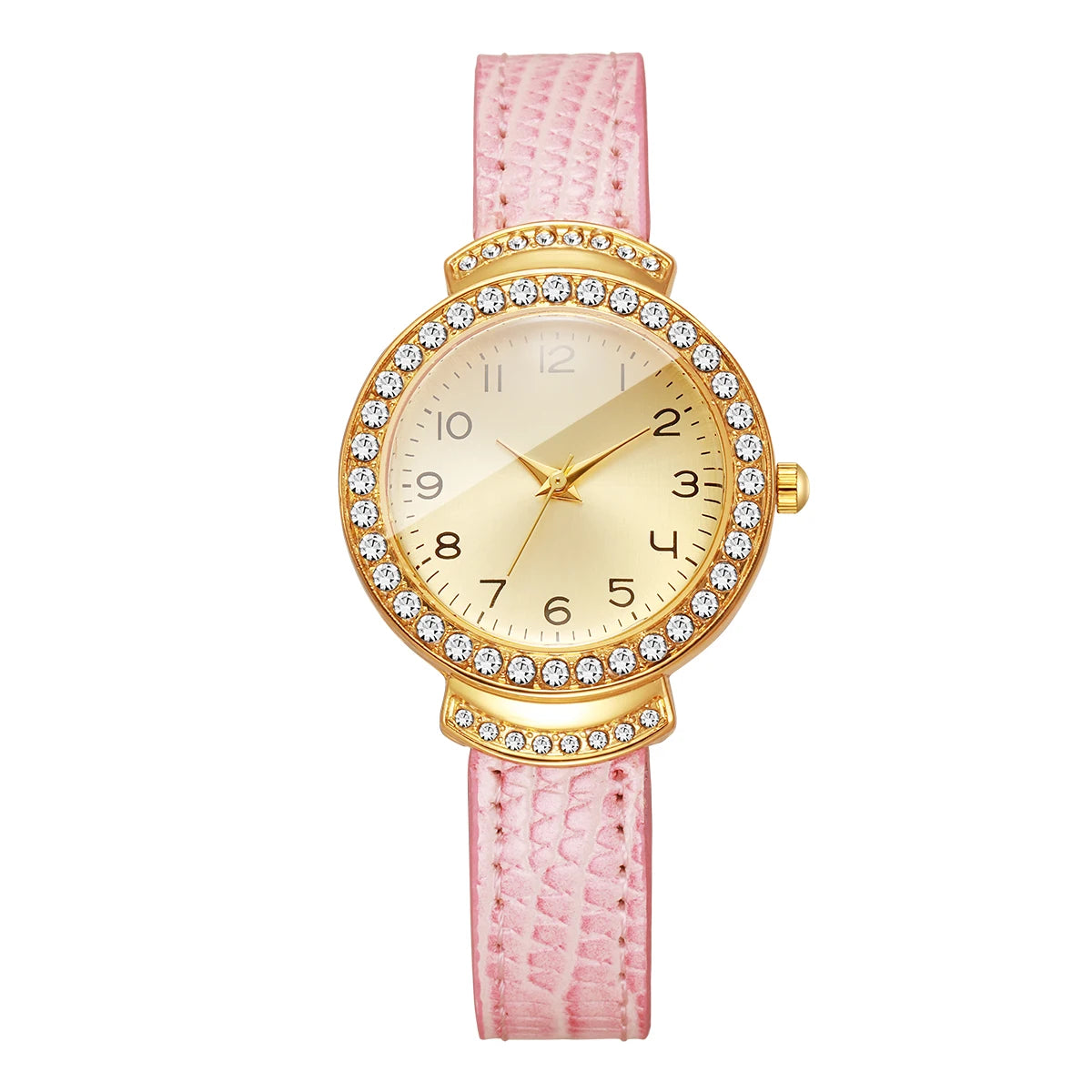 Fashion Rhinestone Women's Quartz Watch – Pink Leather Strap Ladies Wristwatch