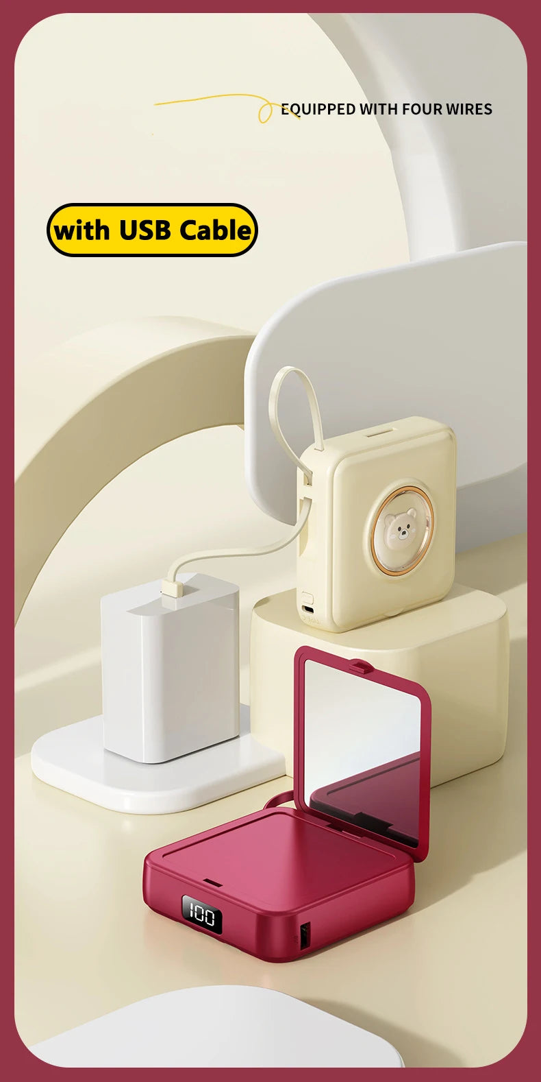 Mini Power Bank 20000mAh Portable Charger with Built-in 4 Cables Makeup Mirror Cute Pet Cartoon External Battery