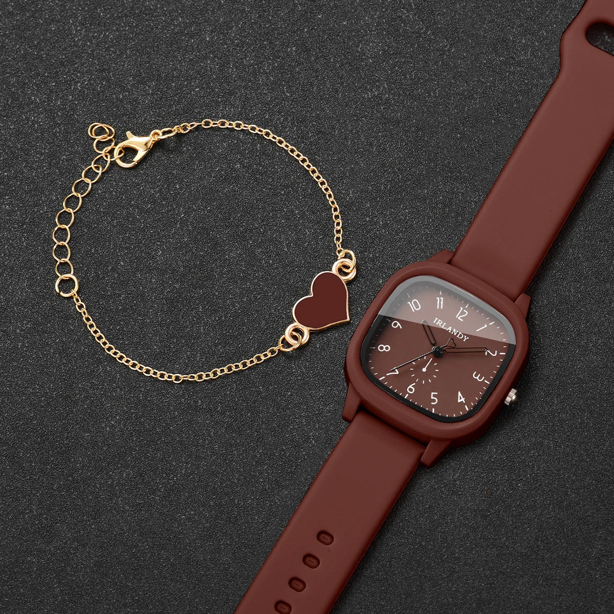 Fashion Arabic Dial Women's Quartz Watch & Heart Bracelet Set – 2PCS Square Silicone Wristwatch