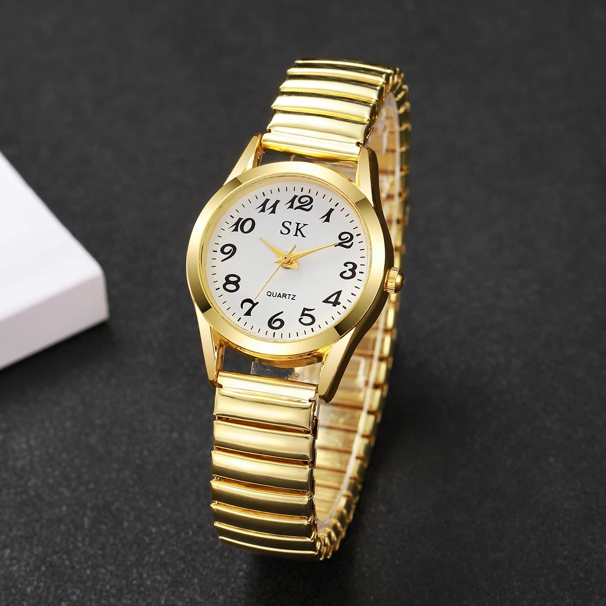Elegant Elastic Strap Women's Quartz Watch – Small Arabic Dial Ladies Wristwatch Set