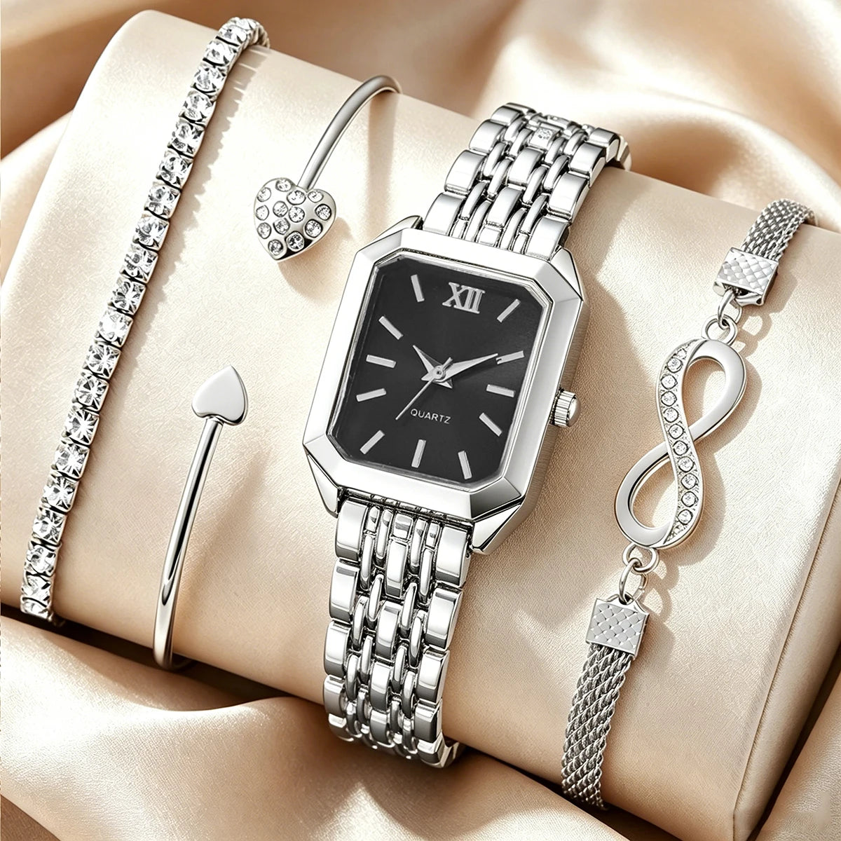 Elegant Rectangle Women's Quartz Watch & Rhinestone Bracelet Bangle Set – 4PCS Ladies Wristwatch