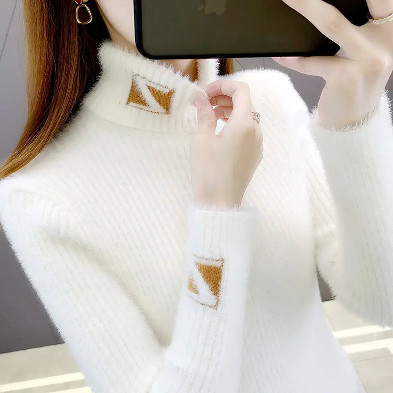 High Collar Pullover Sweater Women Mink Letter Jacquard Underlay Solid Western Knit Undercoat Autumn Winter Pullover Sweater