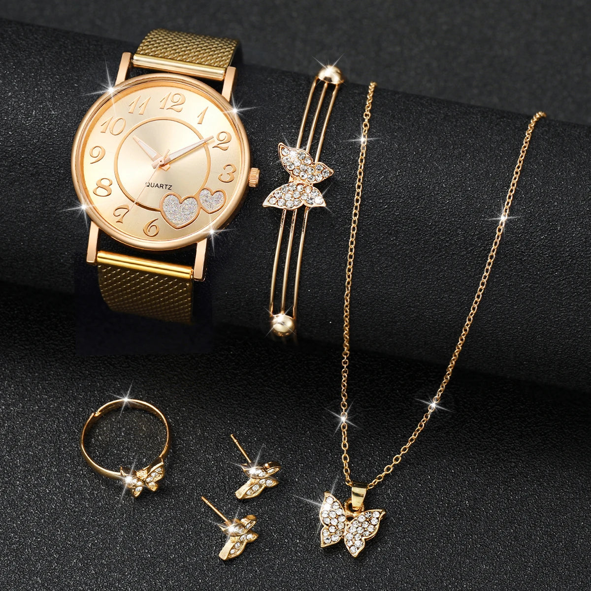 Fashion Heart Women's Quartz Watch & Butterfly Jewelry Set – 3/6PCS Golden Plastic Band Wristwatch