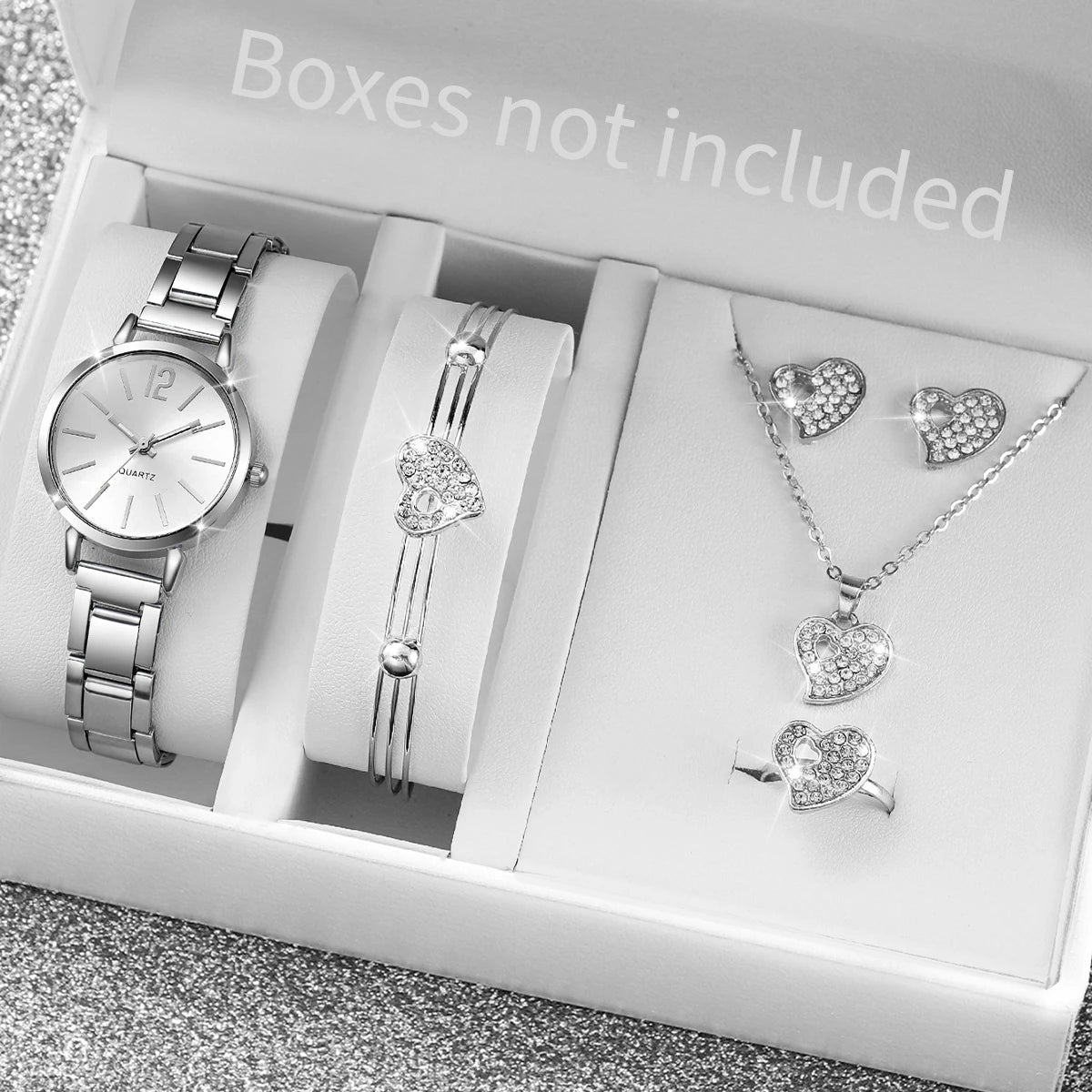 Women's Stainless Steel Quartz Watch & Diamond Jewelry Set – 6PCS Fashion Wristwatch