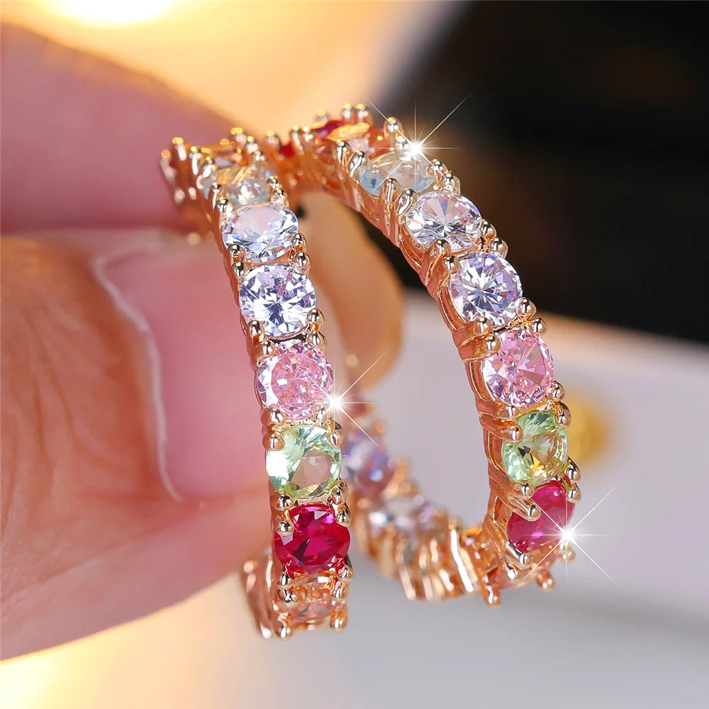 Luxury Crystal Pink Red Rainbow Zircon Round Hoop Earrings - Gold Color Wedding Jewelry for Women"
