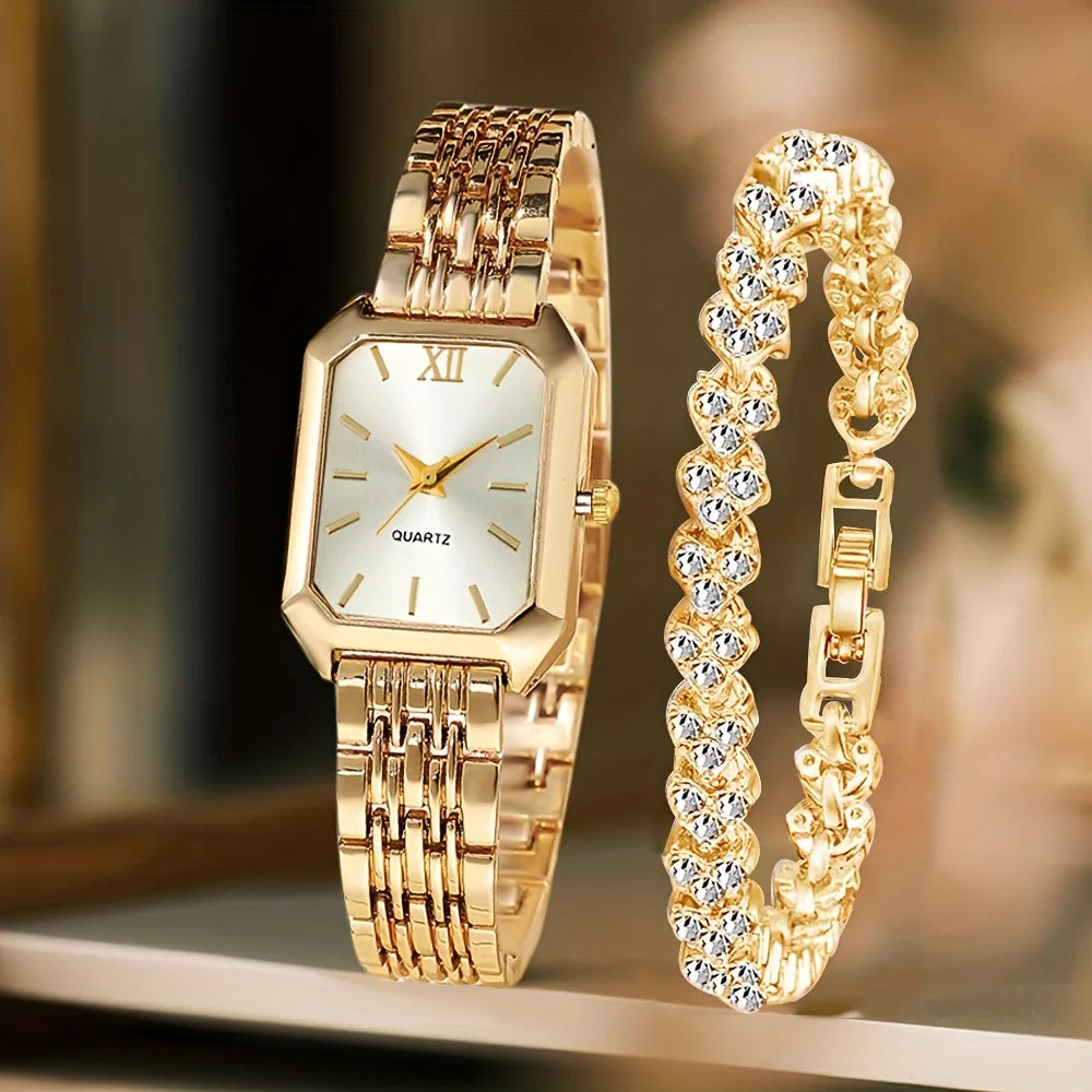 Fashion Rectangle Women's Quartz Watch & Rhinestone Bracelet Set – 2PCS Roma Dial Wristwatch