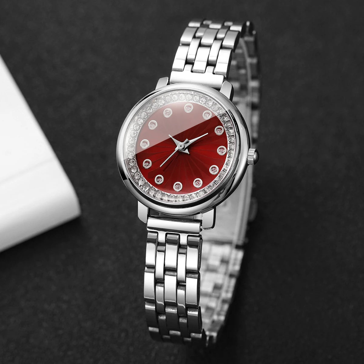 Luxury Red Dial Rhinestone Women's Quartz Watch – Stainless Steel Elegant Wristwatch