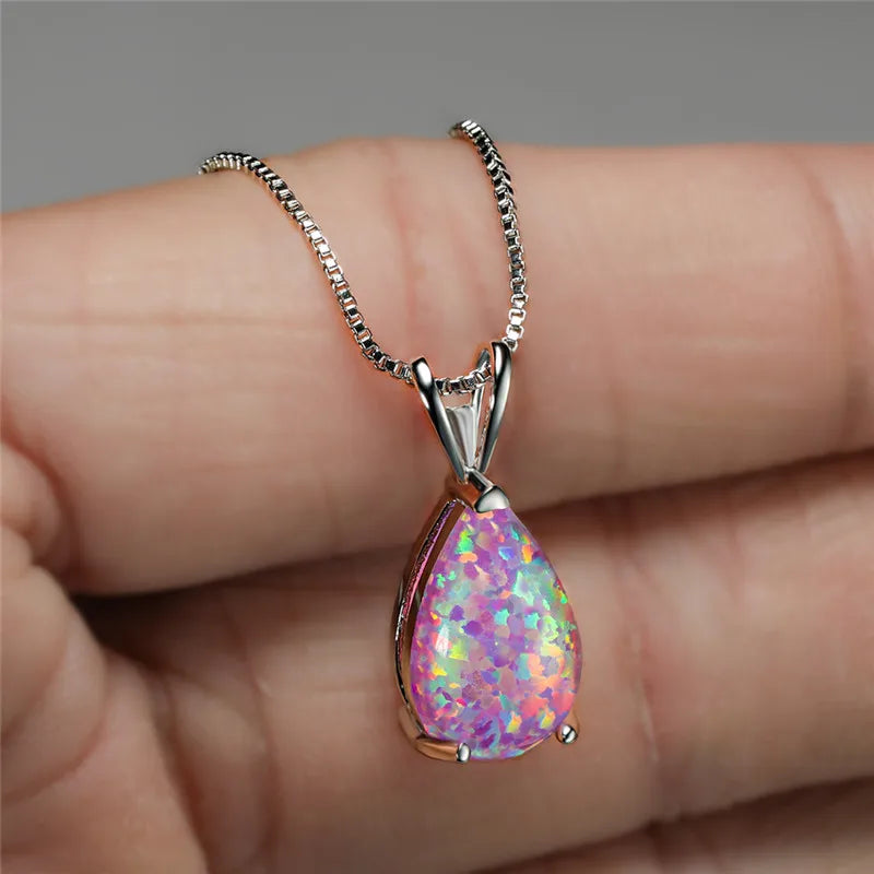 Boho Opal Teardrop Necklace – Silver, Blue-Green