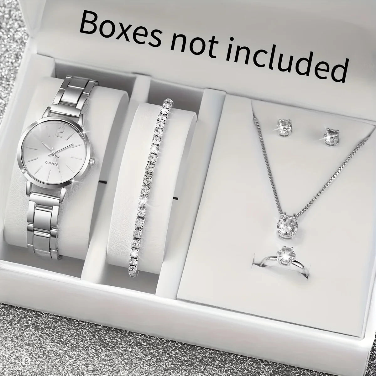 Women's Stainless Steel Quartz Watch & Diamond Jewelry Set – 6PCS Fashion Wristwatch
