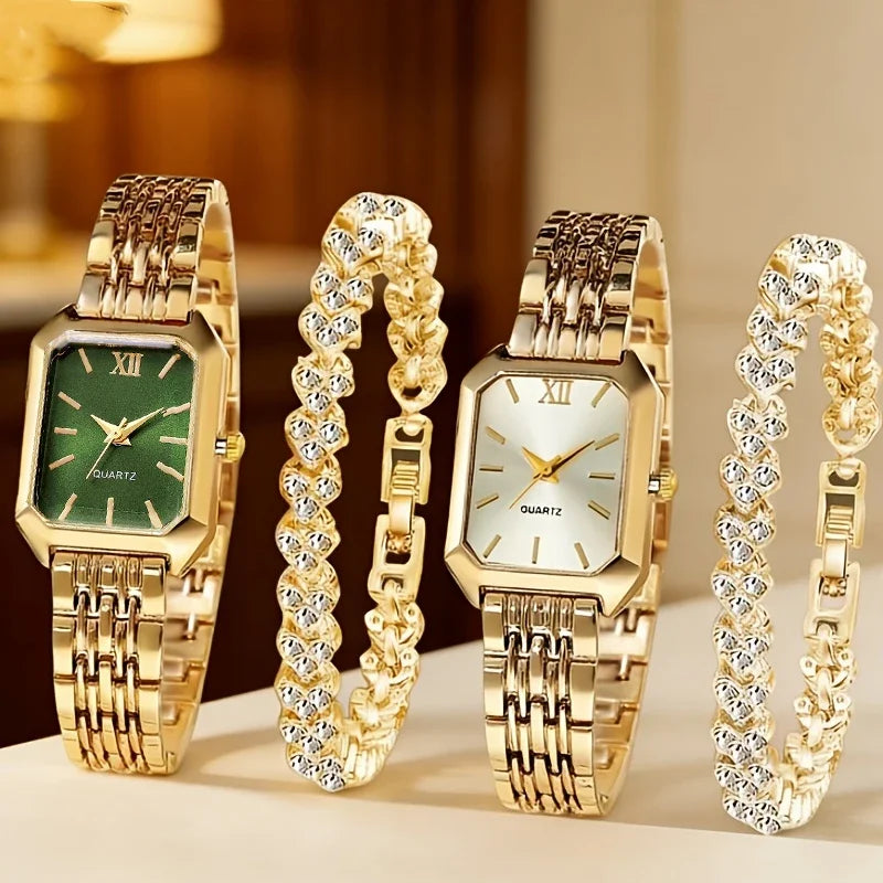 Elegant Rectangle Women's Quartz Watch & Heart Bracelet Set – 4PCS Ladies Wristwatch