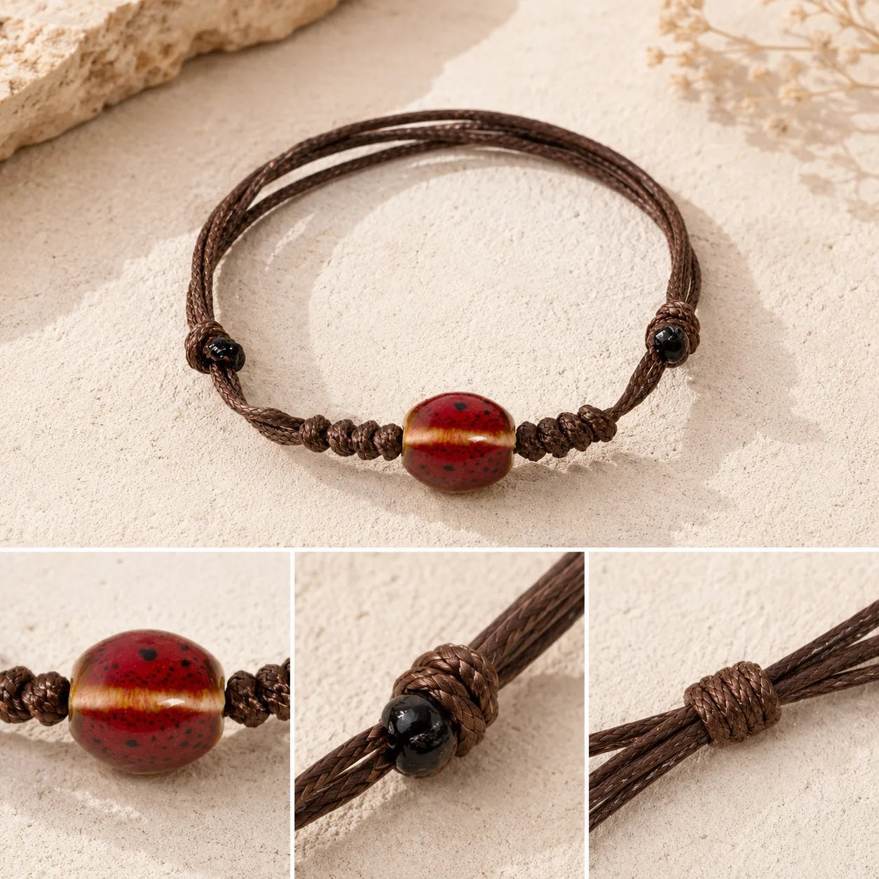 Handmade Floral Glaze Faceted Ceramic Bracelet – Adjustable Wax Cord Jewelry Gift