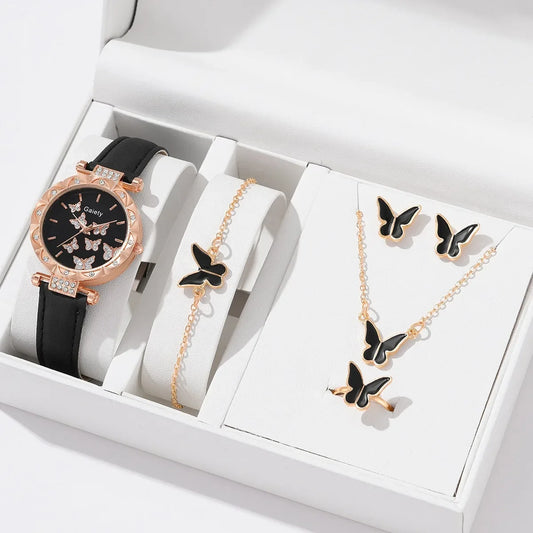 Women Watch Ring Necklace Earrings Bracelet Set Watches Butterfly