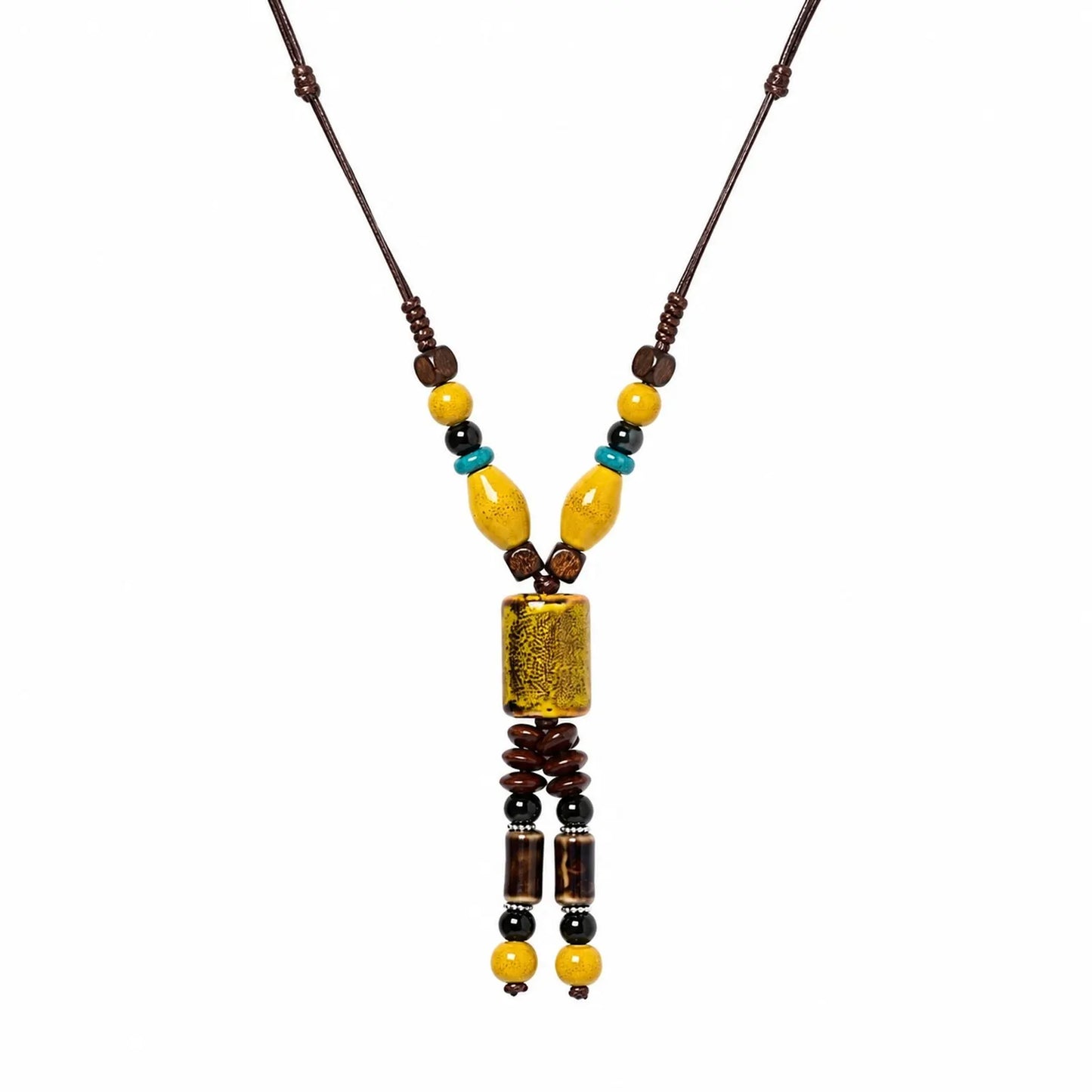 Handmade Ceramic Beaded Pendant Necklace – Adjustable Wax Cord Artisan Jewelry Gift for Women