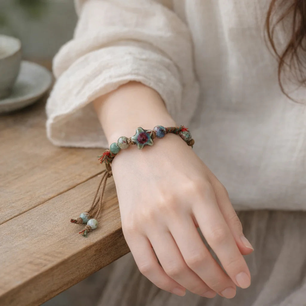 Handmade Green Star Ceramic Bracelet – Adjustable Artistic Beaded Jewelry for Women