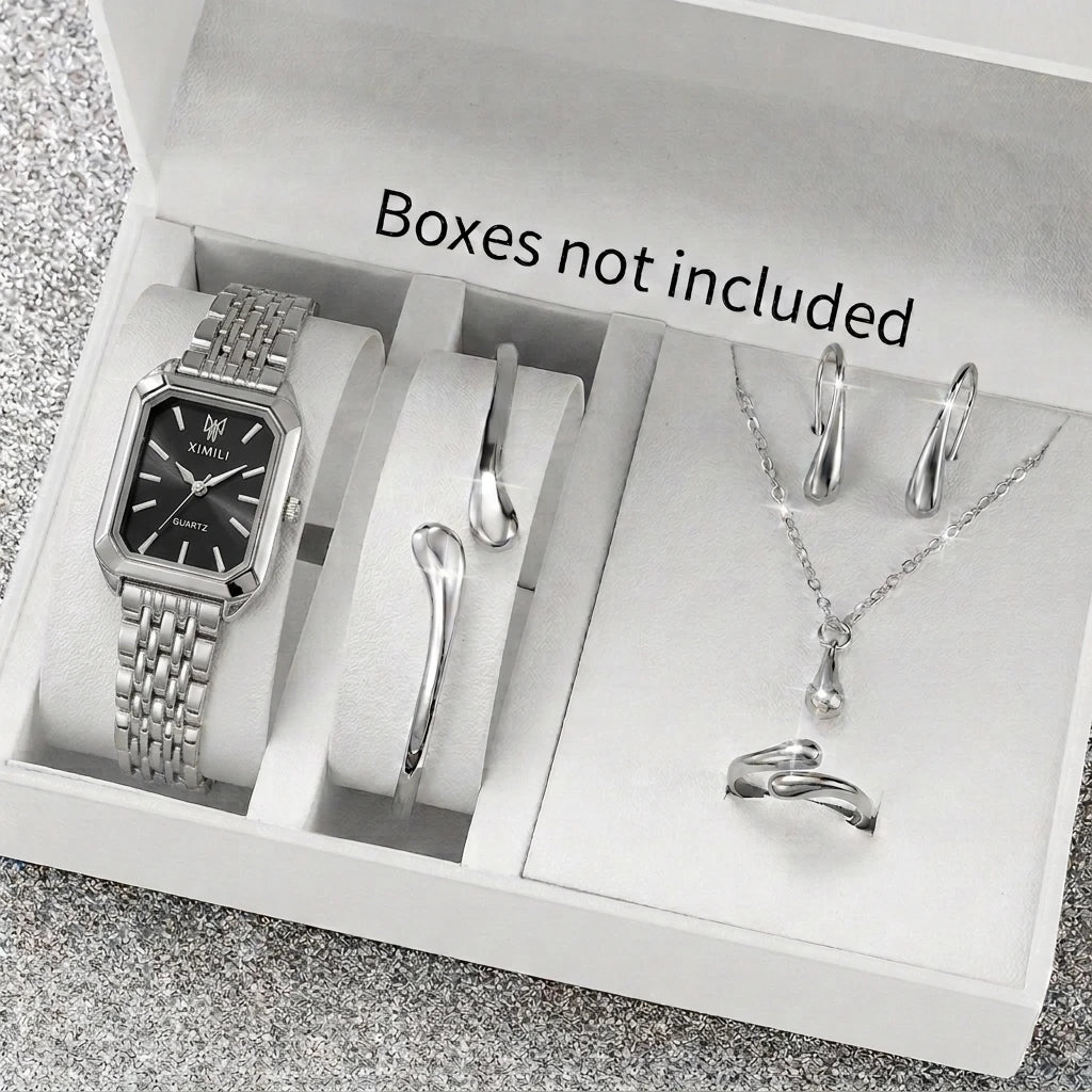 Fashion Rectangle Women's Quartz Watch & Jewelry Set – 6PCS Steel Band Wristwatch
