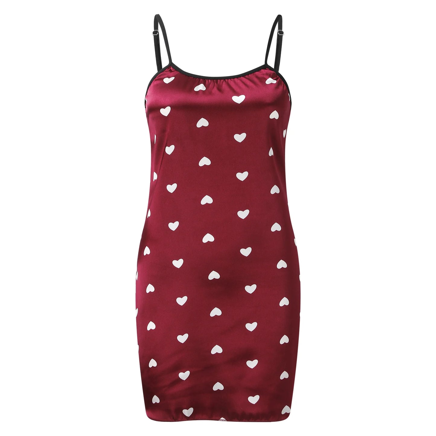 Sexy love print slip nightdress in imitation silk.