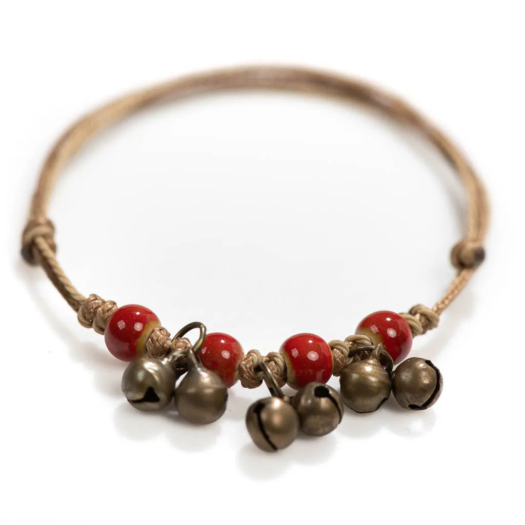 Handmade Ceramic Bead Bracelet with Small Bell – Adjustable Artisan Jewelry Gift