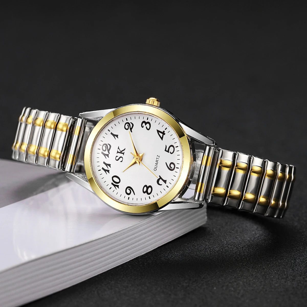 Elegant Elastic Strap Women's Quartz Watch – Small Arabic Dial Ladies Wristwatch Set