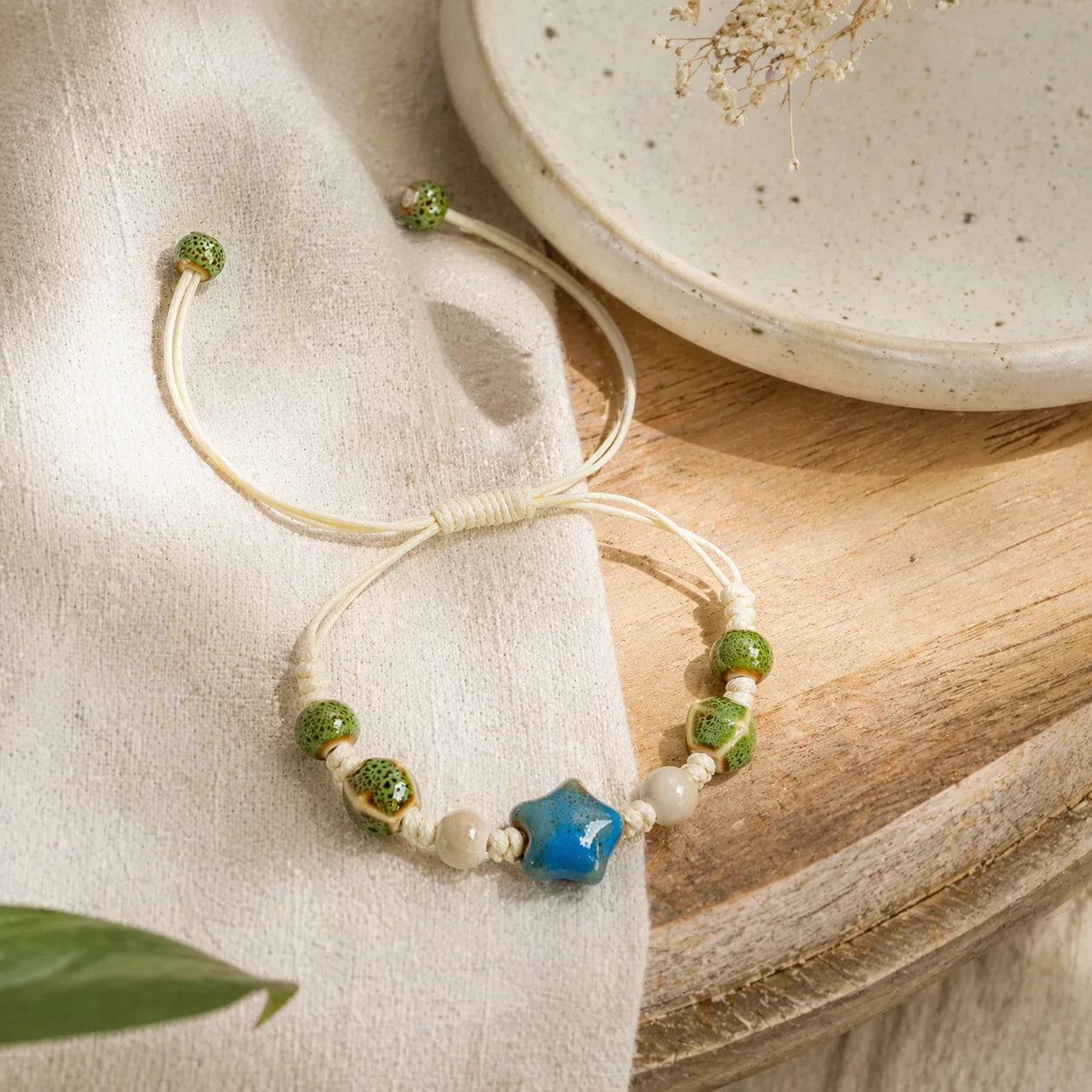 Handmade Ceramic Star Bracelet – Adjustable Braided Wax Cord Blue Charm Jewelry for Women