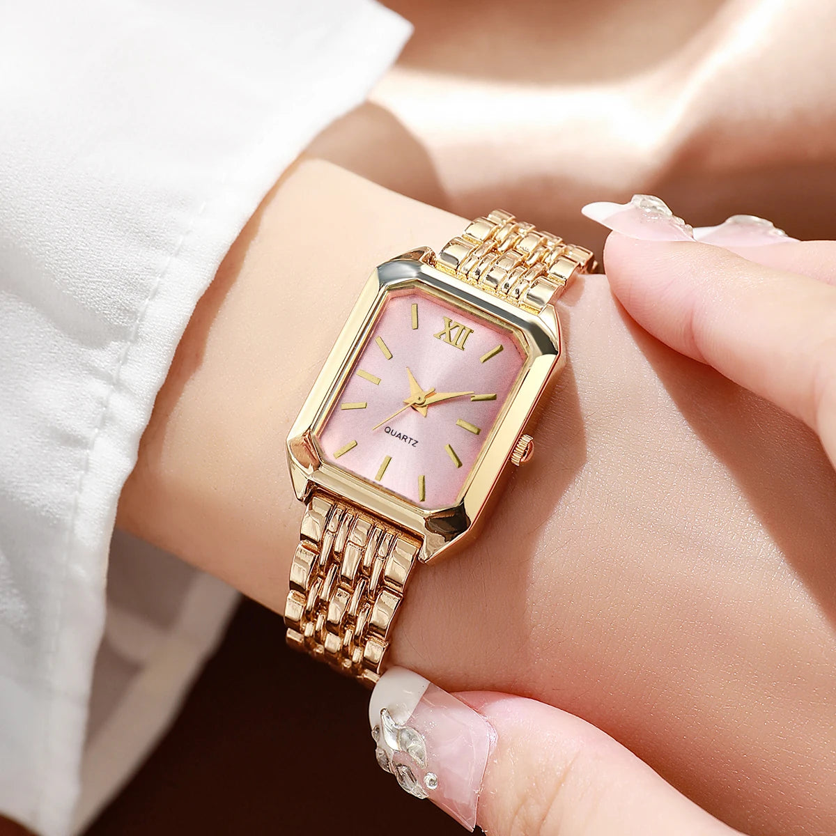 Elegant Rectangle Women's Quartz Watch & Rhinestone Heart Jewelry Set – 6PCS Ladies Wristwatch