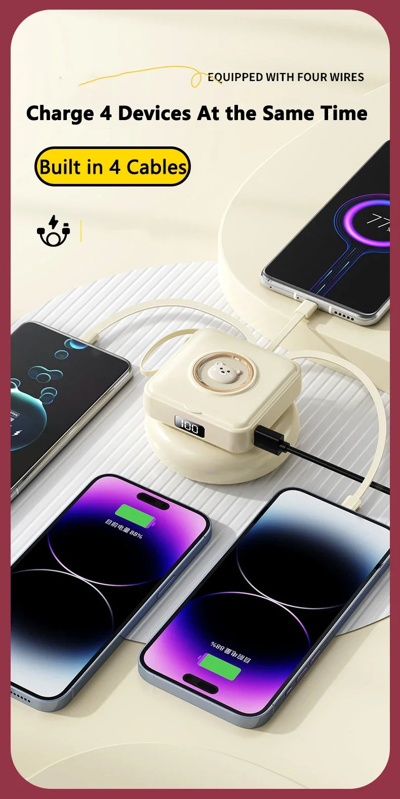 Mini Power Bank 20000mAh Portable Charger with Built-in 4 Cables Makeup Mirror Cute Pet Cartoon External Battery