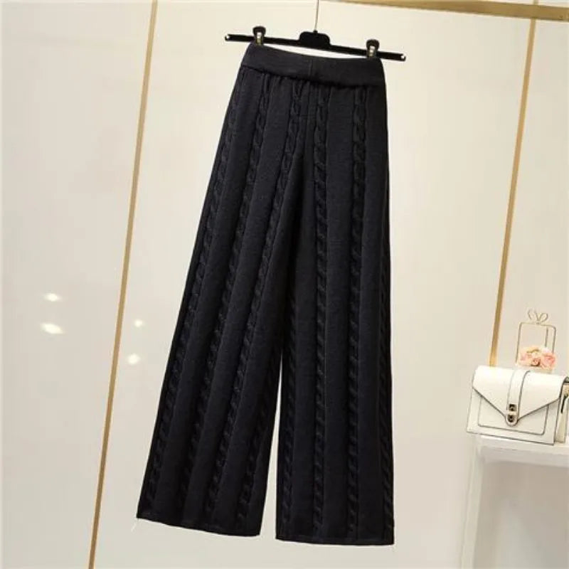 Winter Knitted Wide Leg Pants Women High Waist Drop Loose Knitted Straight Leg Pants Casual Cropped Wide Leg Pants Female Tops