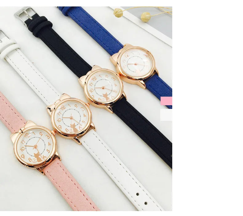 Kids' Cute Cat Cartoon Watch for Girls – Waterproof Quartz