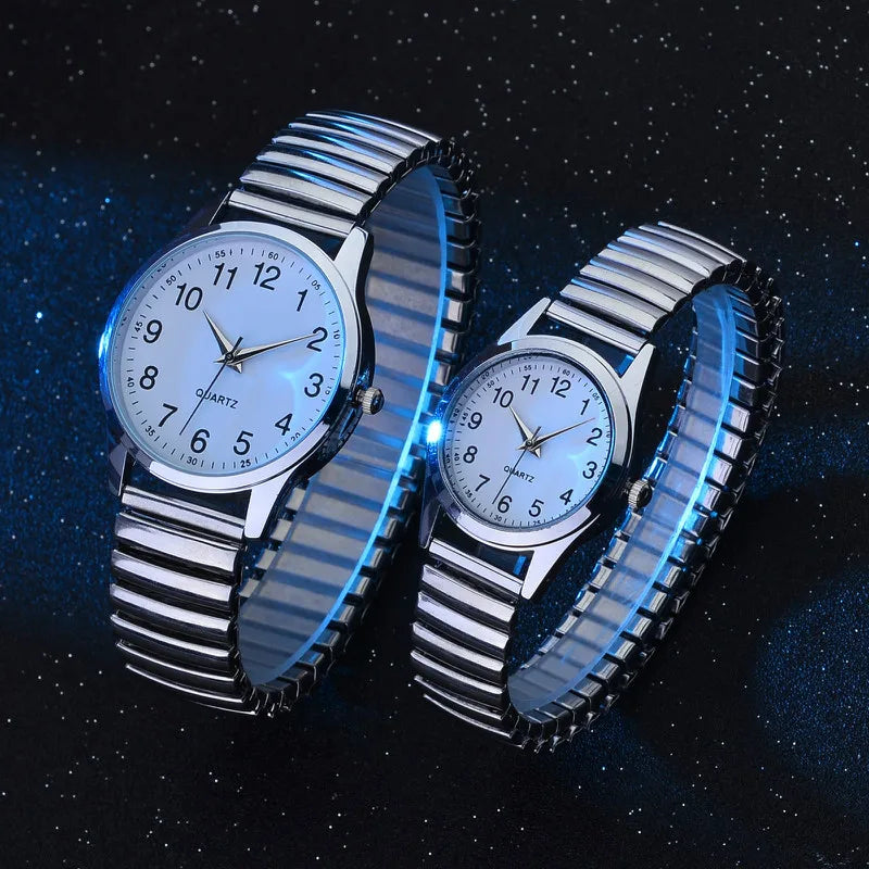 Fashion Couple Quartz Watches Set – Arabic Dial Elastic Band Wristwatches for Men & Women