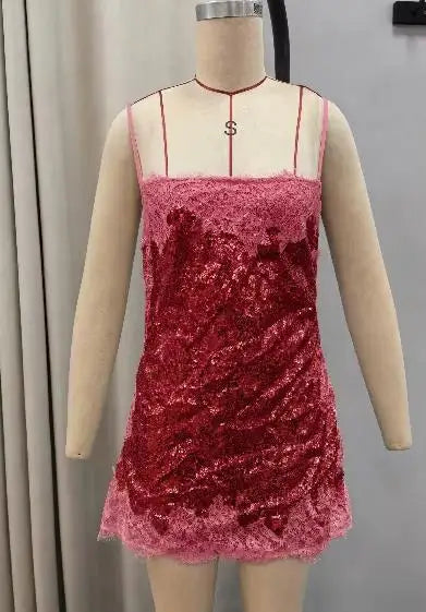 Women's Floral Lace Sequin Mini Slip Dress – Spaghetti Strap Sweetheart Bodycon