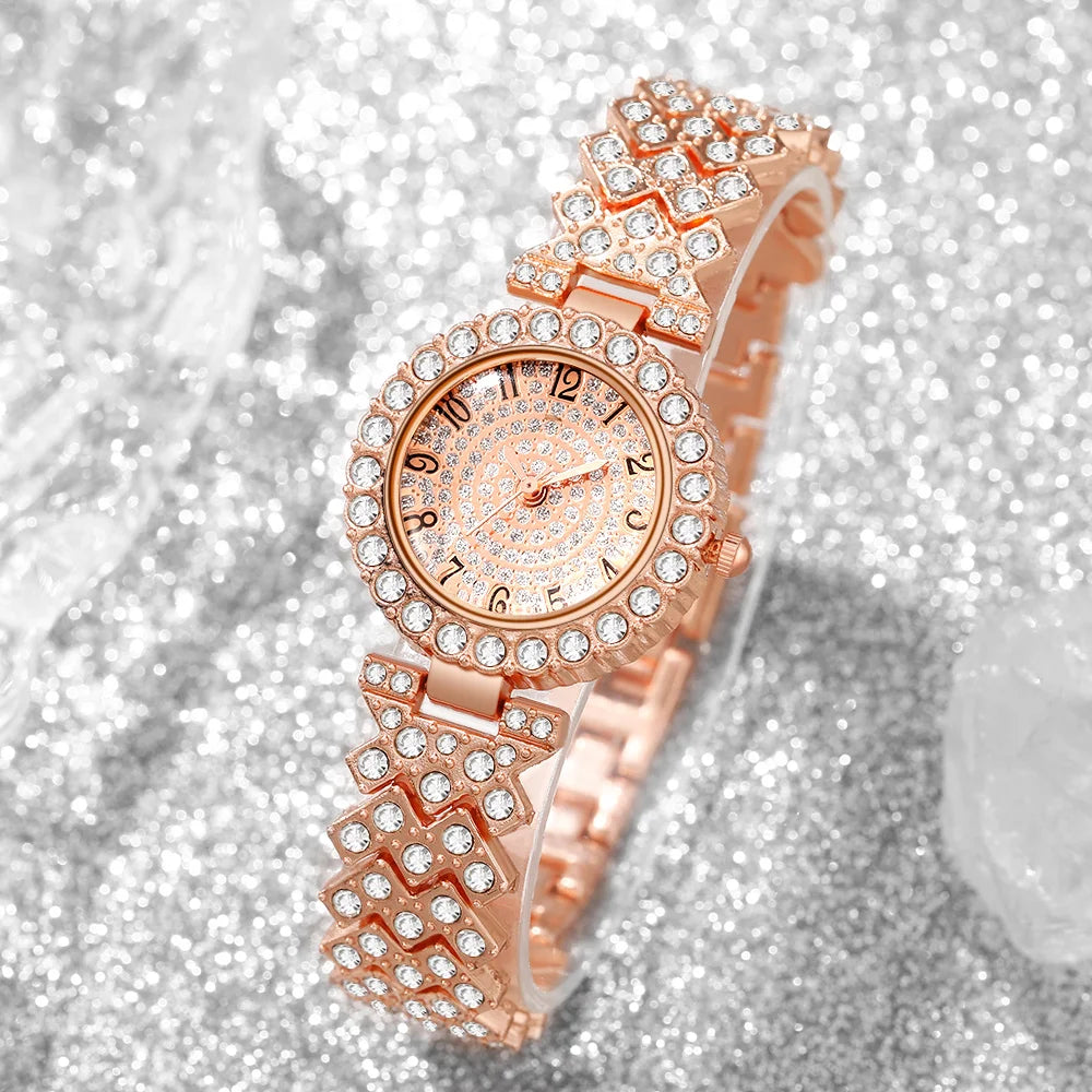 Luxury Rhinestone Women's Quartz Watch & Jewelry Set – 5PCS Elegant Bracelet Wristwatch